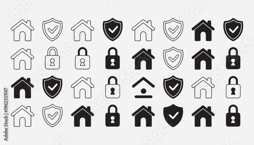 Set of home security and protection icons featuring houses shields with checkmarks and locked padlocks in black.