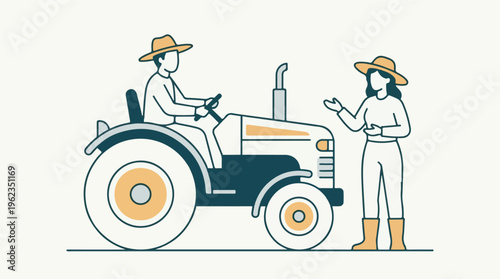 Farmers discussing agricultural plans with a tractor, minimalist illustration