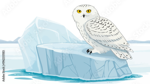 Snowy owl perched on a floating ice chunk in serene arctic waters with a distant landscape