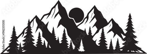 Mountain range silhouette with pine forest and full moon in minimalist black and white landscape style for outdoor adventure art.