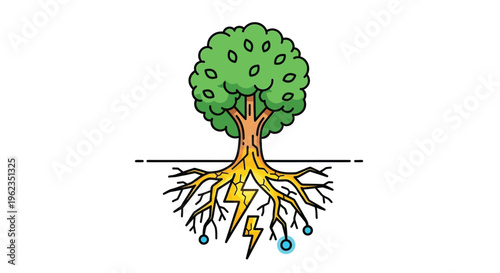 A cartoon tree with roots and lightning striking the ground beneath it