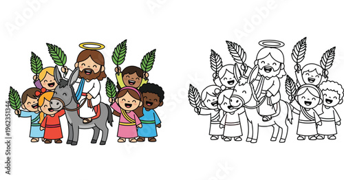 Jesus Christ Riding Donkey for Palm Sunday Celebration with Children Cartoon and Coloring Page Line Art Vector Illustration