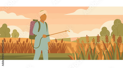 Farmer spraying crops in a golden wheat field during sunset