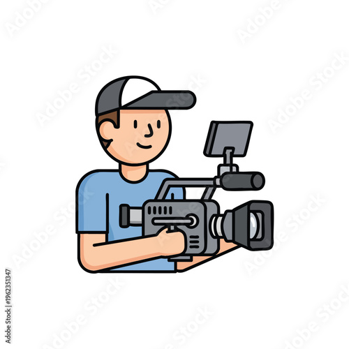 A cartoon figure of a person holding a video camera. The person is wearing a cap and blue shirt. The camera has a monitor