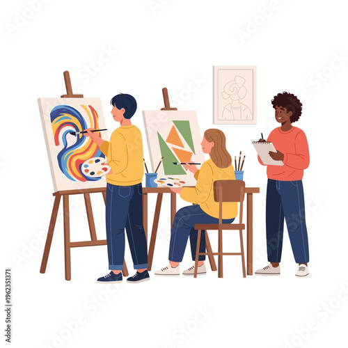 Diverse students painting abstract art in a bright art class, creative learning