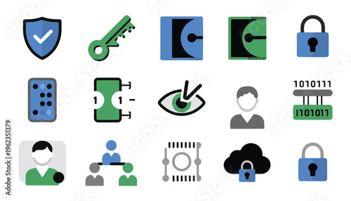 Collection of security and privacy related icons including shield, key, wallet, lock, eye, and user avatars.