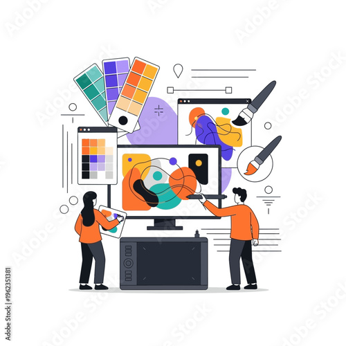 Graphic design process, digital art creation, teamwork, inspiration, creativity, illustration, UI/UX design