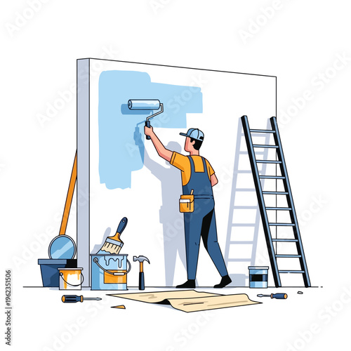 Painter applying blue paint to a white wall with a roller, tools and ladder nearby