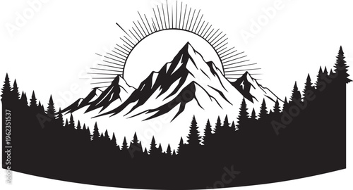 Mountain landscape with forest and rising sun. vector black silhouette of mountains and trees. outdoor adventure scene.