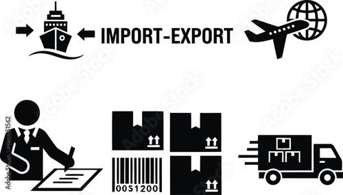 Import Export Logistics Icons Set with Shipping, Air Freight, Barcode, Delivery Truck, and Customs Documentation