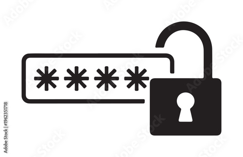 Unlocked password icon with asterisks open lock symbol security access data login authentication protection keyhole.