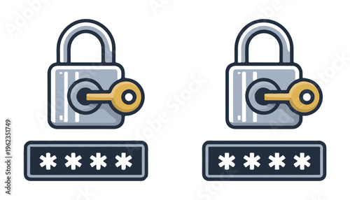 3d render metallic padlock and password input field with golden key icon isolated on white background.