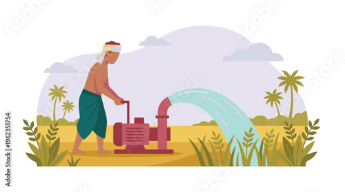 Farmer irrigating agricultural fields with a water pump, rural landscape
