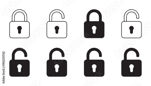 Collection of eight padlock icons in black and white, showing locked and unlocked states isolated on white.