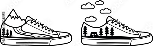 Camping shoes with mountains and pine trees, perfect for outdoor adventures and nature exploration.
