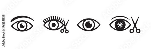 Vector icons of human eyes with eyelashes and scissors representing cosmetic grooming and lash cutting styles.