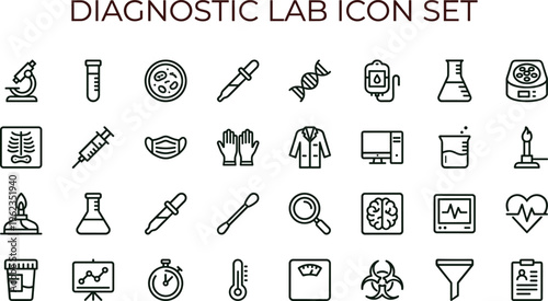 Diagnostic laboratory outline icon set with medical testing microbiology equipment symbols for healthcare education apps dashboards interfaces presentations websites