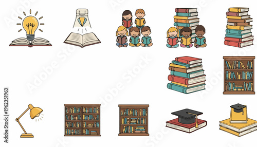 Colorful illustration of books and education-related objects for World Book and Copyright Day with warm tones