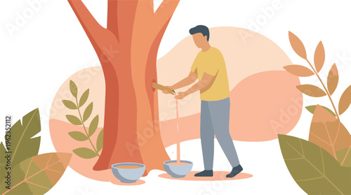 Man Collecting Tree Sap in Bowls Illustration