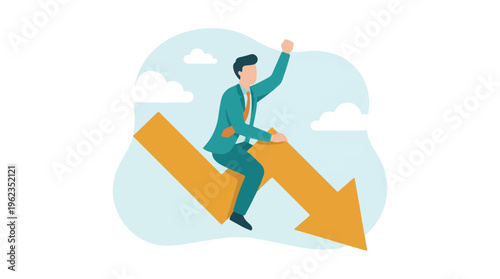 Businessman riding a downward trend arrow with fist raised in determination