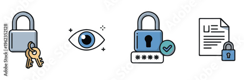 Modern cybersecurity icons with lock and keys biometric recognition password verification and secure document.