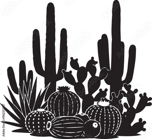 Diverse cactus garden silhouette collection including saguaro and prickly pear plants for desert landscape and botanical design.