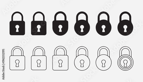 Set of round and square padlock silhouettes with keyholes for security and access control graphic design needs.