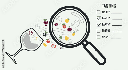 Wine tasting notes analysis with magnifying glass and aroma icons.