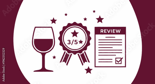 Wine tasting review with rating and award icon.