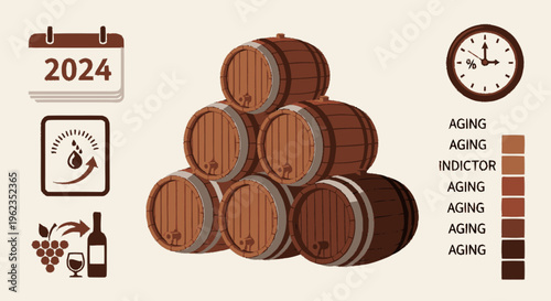 Wooden Barrels Stacked for Aging Process.