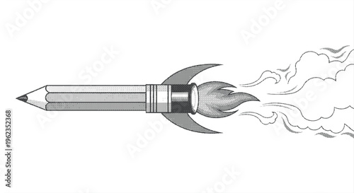 A creative black and white illustration of a pencil shaped like a rocket ship flying through the air with smoke trails.
