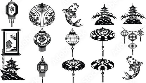 Black and White Asian Cultural Icon Set Featuring Japanese Lanterns Koi Fish Pagodas Parasols Scrolls and Traditional Oriental Architecture for Heritage Travel and Graphic Design
