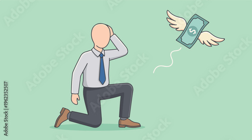 Concept of financial loss: man watching money with wings flying away