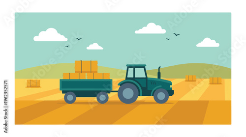 Farm scene with tractor pulling a trailer full of hay bales in a field