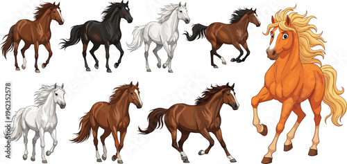 Realistic and cartoon horses collection with running and standing poses, various coat colors equine characters set, farm animal vector illustration isolated on white background
