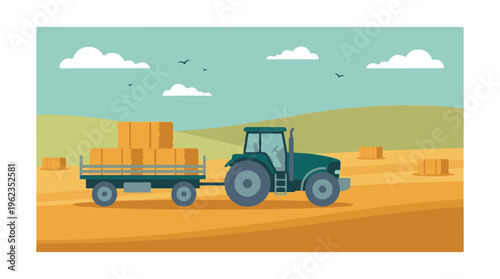 Farm tractor pulling trailer with hay bales in a rural agricultural field