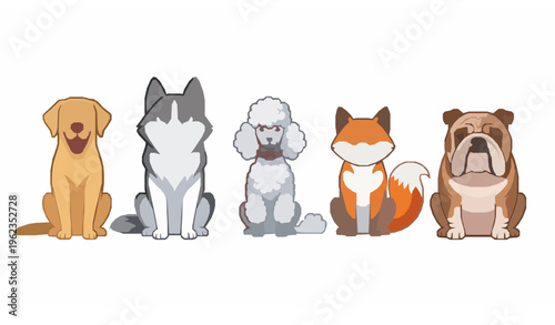 Cute sitting dog breeds flat cartoon vector set Labrador husky poodle shiba inu bulldog isolated on white