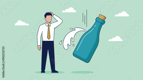 Frustrated businessman reacts to a falling bottle spilling liquid, unexpected problem concept