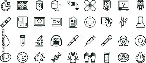 Medical laboratory diagnostics outline icon set with healthcare testing equipment microbiology experiment symbols for apps dashboards interfaces presentations education materials