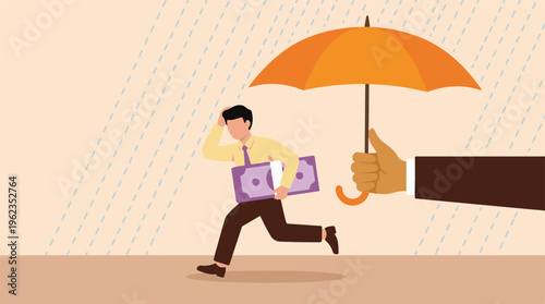 Financial protection: Man with money under umbrella in the rain