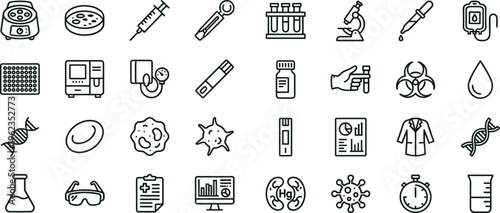 Medical laboratory research outline icon set with diagnostics microbiology experiment equipment symbols for healthcare apps dashboards interfaces presentations education materials