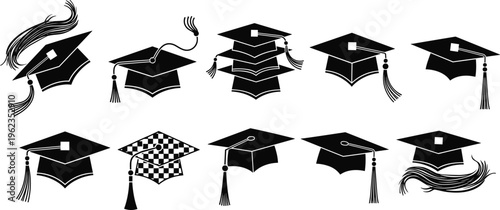 Black and White Graduation Cap Icon Set Featuring Various Mortarboards with Tassels Throwing Caps and Academic Headwear for Education Degree Commencement and Student Achievement