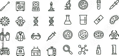 Laboratory research outline icon set with microbiology chemistry experiment equipment diagnostics symbols for science education apps dashboards interfaces presentations websites