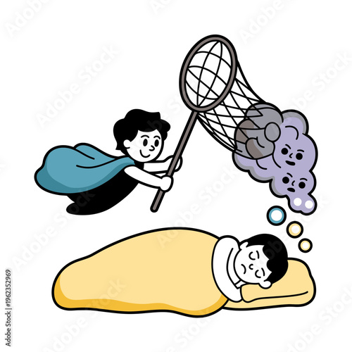Cartoon superhero catching bad dreams flying above sleeping man