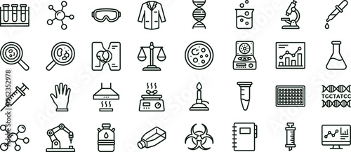 Laboratory research outline icon set with chemistry biology experiment equipment diagnostics symbols for science education apps dashboards interfaces presentations websites
