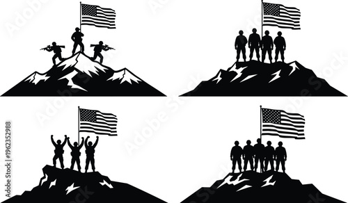 Soldiers silhouettes on mountain, American flag, patriotic unity, military service, victory celebration, national pride, defense stance, teamwork, achievement, freedom symbol