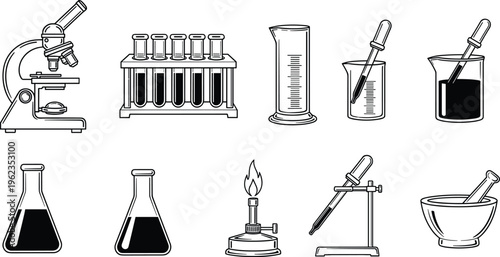 Black and white laboratory icon set featuring microscope test tubes beakers flasks bunsen burner pipette and mortar and pestle for science research and education