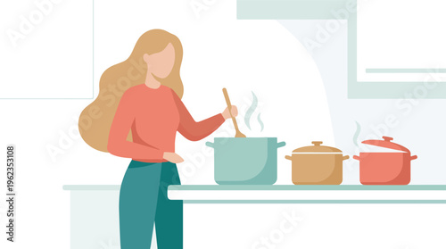 Woman cooking in kitchen, stirring a steaming pot on the stovetop