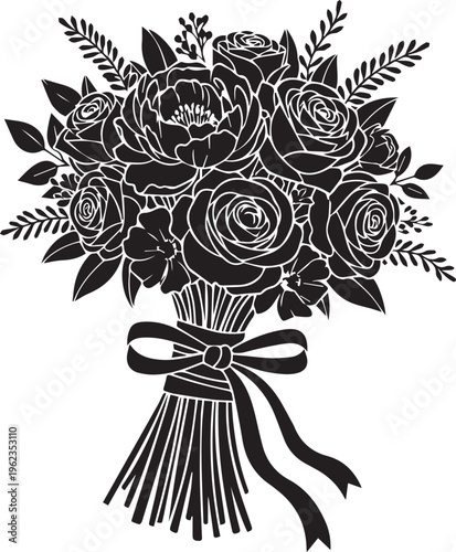 Rose bouquet silhouette with ribbon and bow on transparent background vector illustration romantic floral arrangement bridal gift.