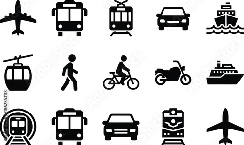 a collection of black silhouette icons representing various modes of transportation including planes cars trains boats and people high quality professional